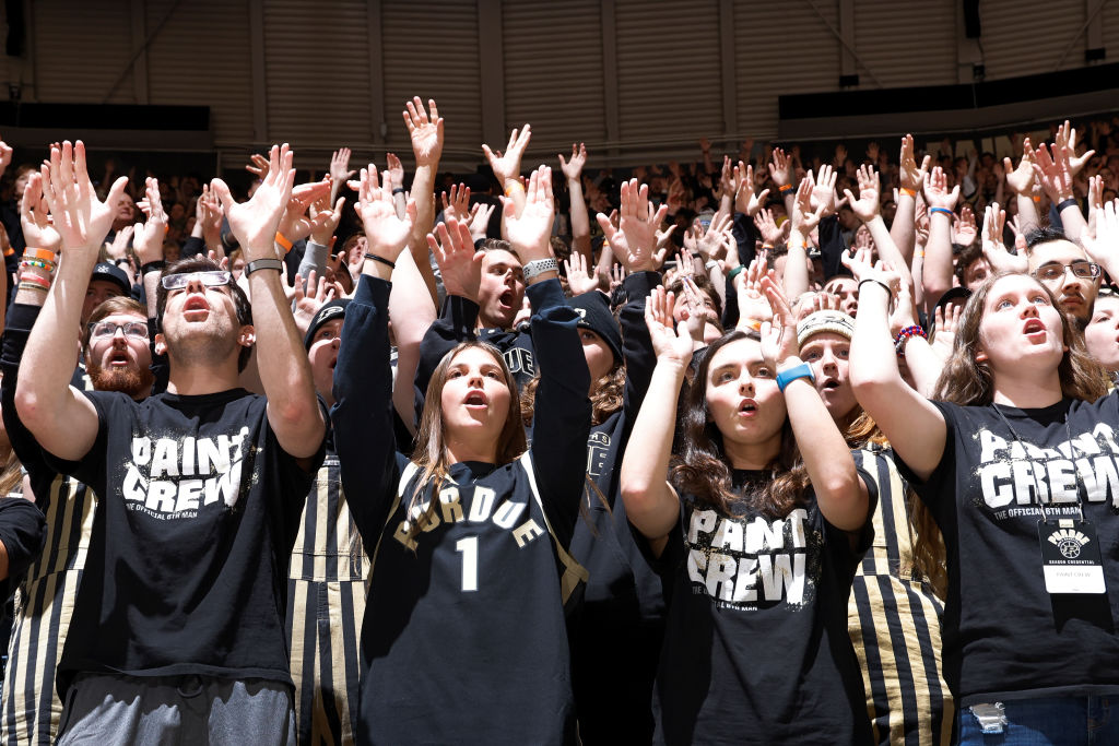 Purdue Boilermakers fans and students during a college basketball game against the Nebraska Cornhuskers, as seen in January 2023 in West Lafayette, Indiana. (Photo by Joe Robbins—Icon Sportswire/Getty Images)