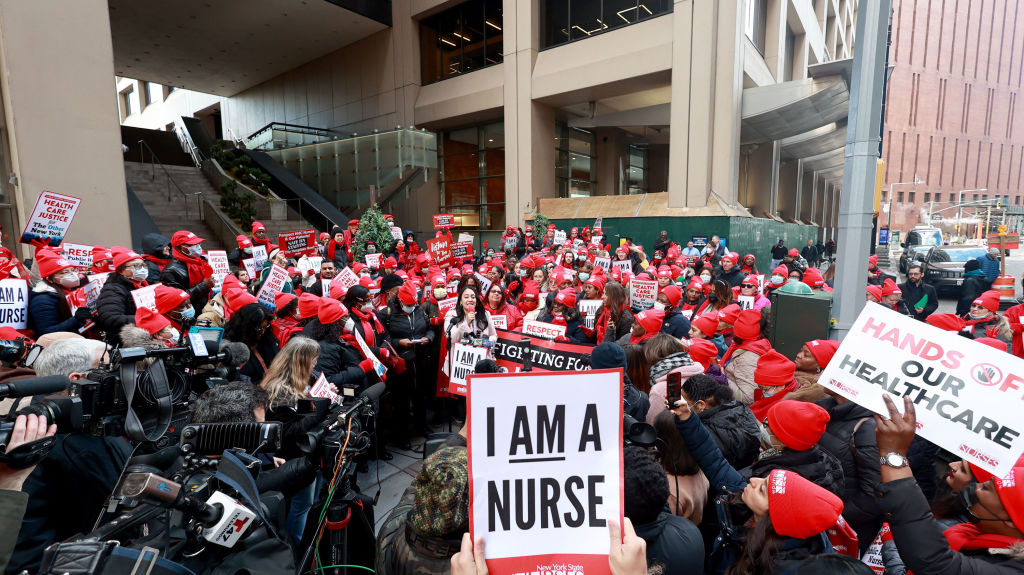 Nurses are pictured outside the NYC Health + Hospitals Headquarters on Water St. in Lower Manhattan, as seen in January 2023. (Luiz C. Ribeiro—New York Daily News/Tribune News Service/Getty Images)
