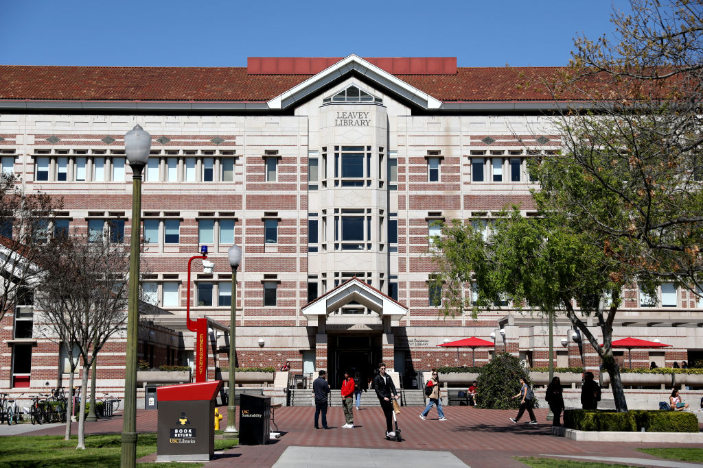 Leavey Library on the Campus of the University of Southern California, as seen in March 2023 in Los Angeles. (Photo by Gary Coronado—Los Angeles Times/Getty Images)