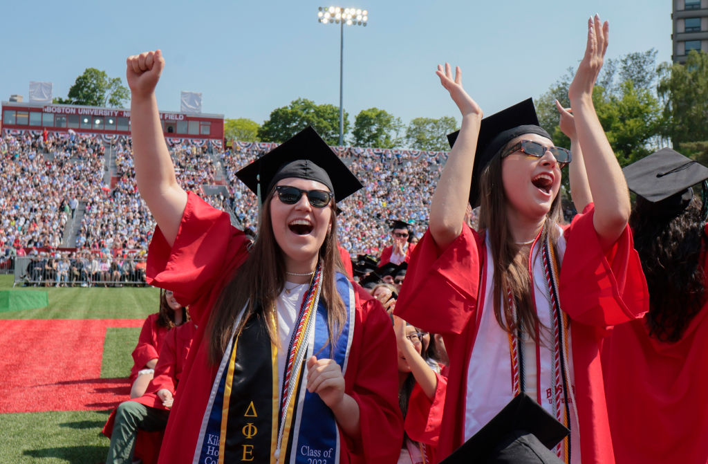 Graduates celebrate during Boston University's 150th commencement ceremony, as seen in May 2023. (Photo by Matthew J. Lee—The Boston Globe/Getty Images)