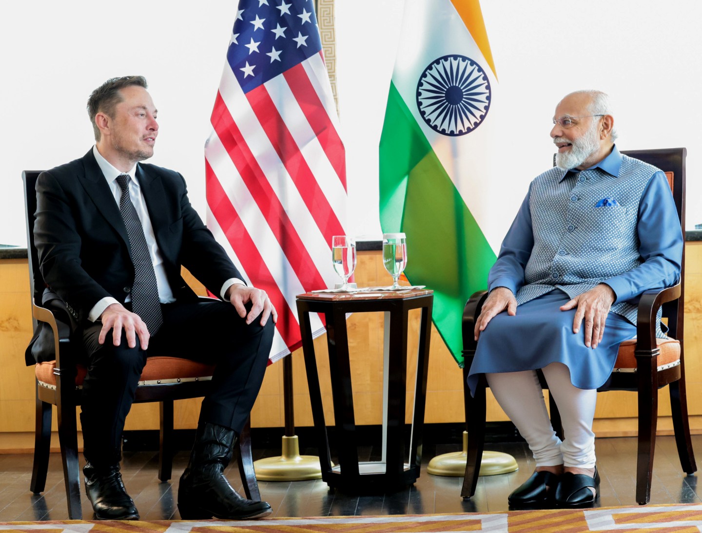 Indian Prime Minister Narendra Modi (R) meets with Elon Musk (L) in New York, on June 20, 2023.