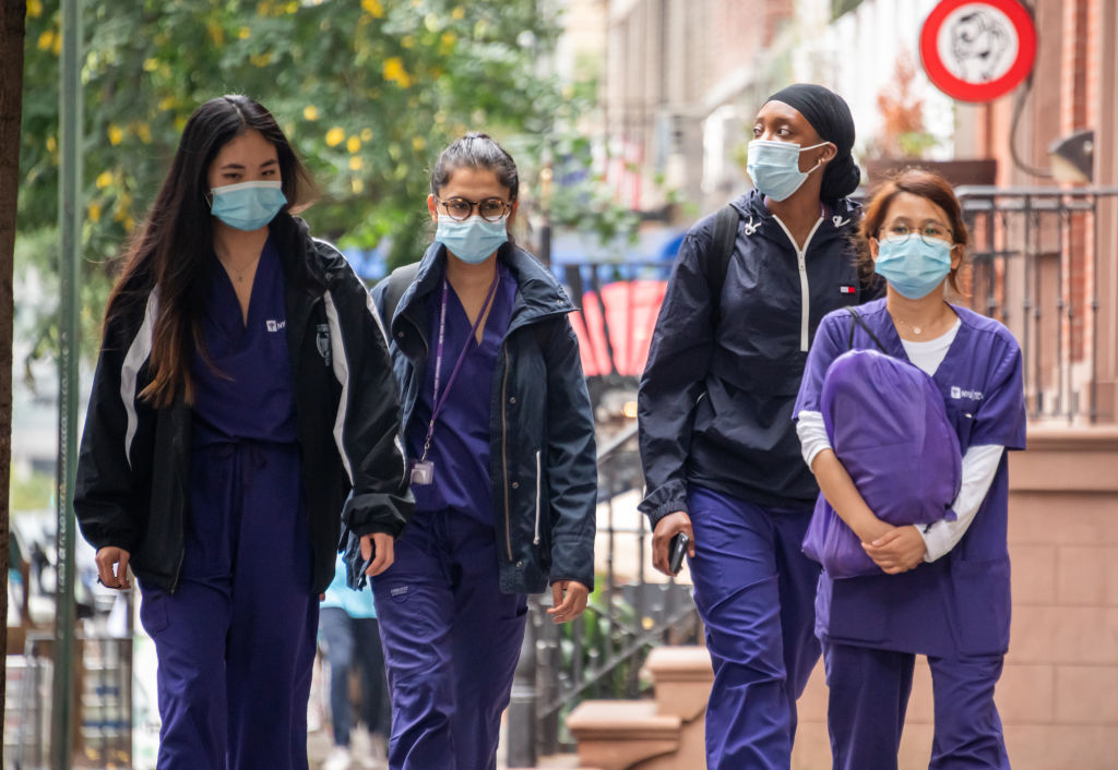 Workers from NYU Langone Health in the Murray Hill section of New York City, September 2020. (Photo by Noam Galai/Getty Images)