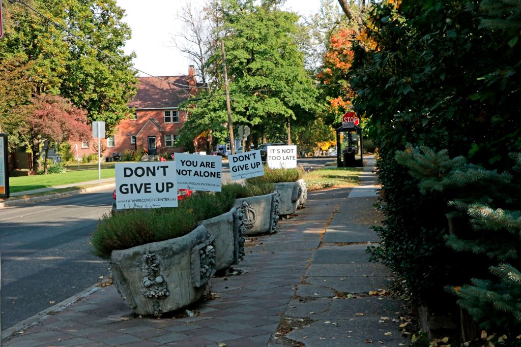 Series of lined up signs focused on mental health assistance during the Covid-19 pandemic. (Photo by: Don & Melinda Crawford—Education Images/Universal Images Group/Getty Images)