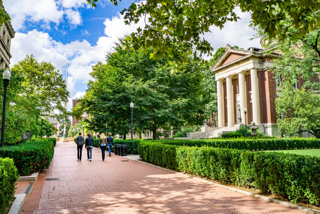 Students on pathway in front of Earl Hall, Columbia University, as seen in September 2020. (Photo by: Photographer name—Education Images/Universal Images Group/Getty Images)