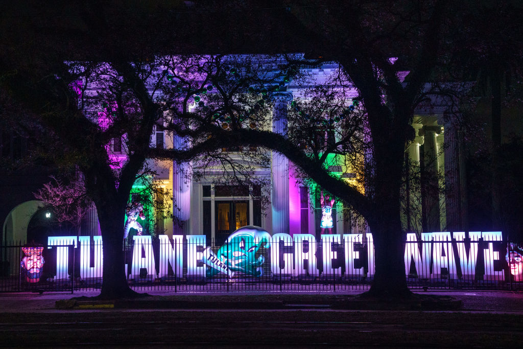 The Tulane University president's residence is decorated for Mardi Gras, as seen in February 2021 in New Orleans, Louisiana. (Photo by Josh Brasted/Getty Images)