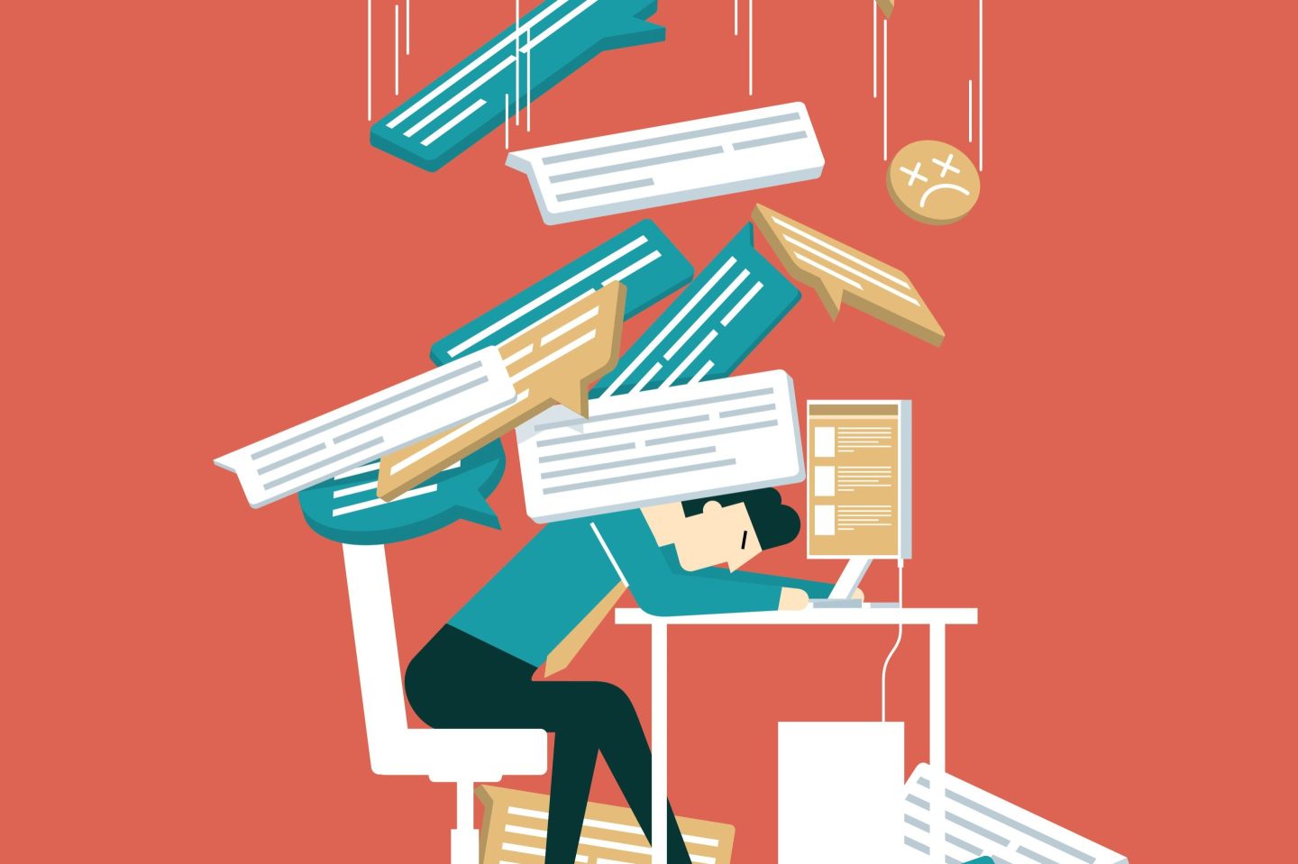 An illustration of giant speech bubbles falling and piling on top of a man, who is slouched on his desk.