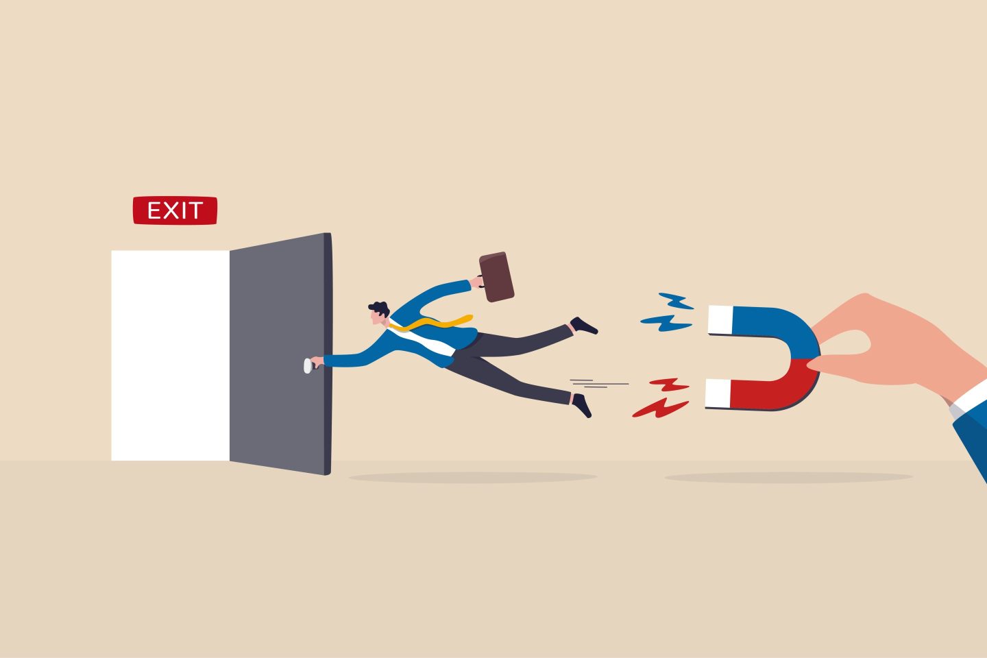 An illustration of a giant magnet pulling an employee away from an exit door.