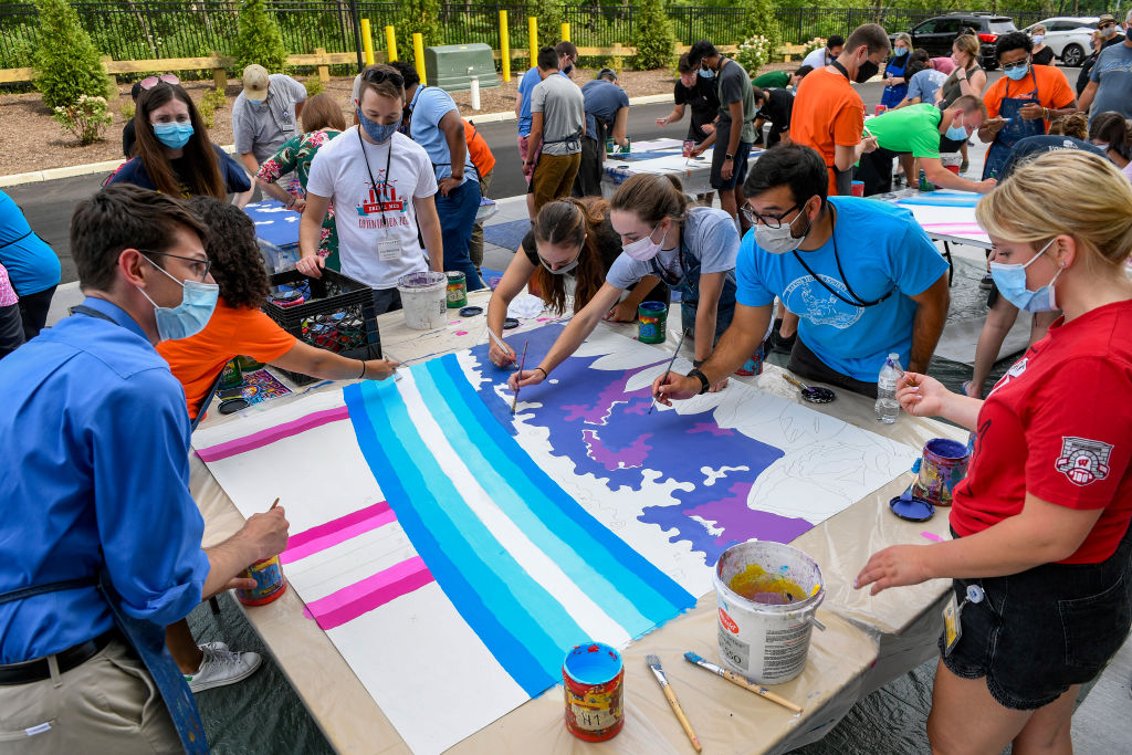 Drexel University College of Medicine at Tower Health, as seen in August 2021, as medical students were painting some of the panels of a mural "Hope Blossoms" that was designed by local artist Gregory Didyoung and sponsored by ruOK Berks? the Berks County Suicide Prevention Task Force. (Photo by Ben Hasty—MediaNews Group/Reading Eagle/Getty Images)