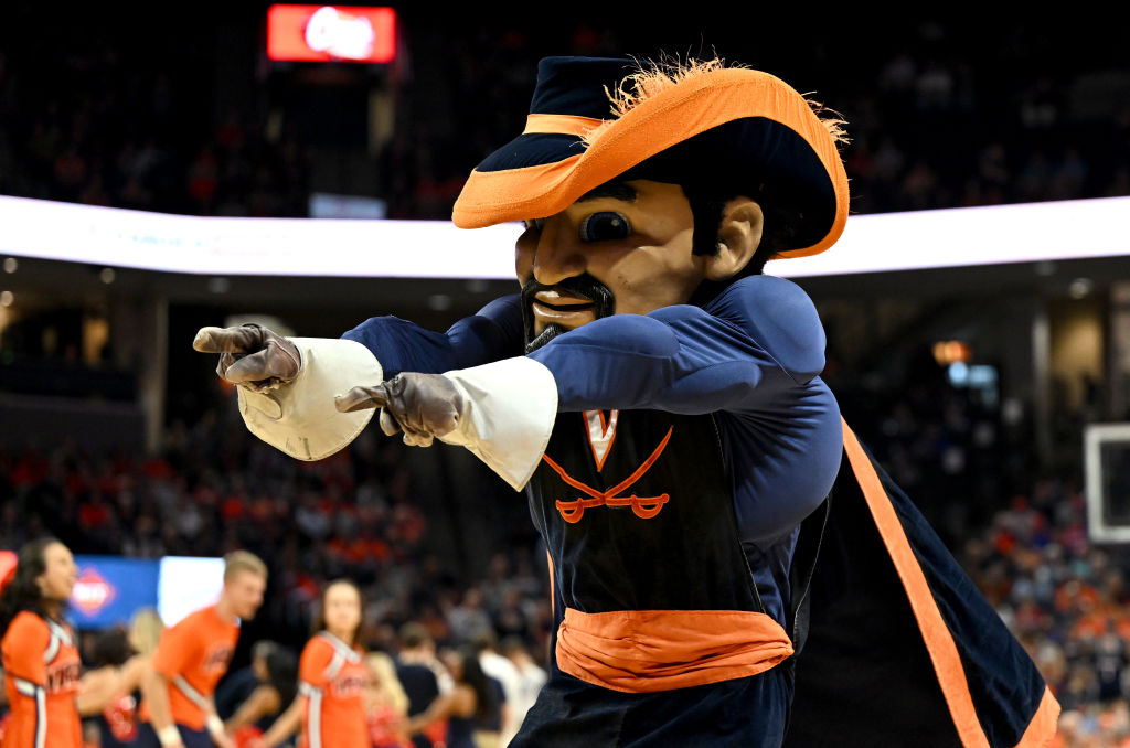 The Virginia Cavaliers mascot performs during the game against the St. Bonaventure Bonnies during the NIT Quarterfinals at John Paul Jones Arena, as seen in March 2022 in Charlottesville, Virginia. (Photo by G Fiume/Getty Images)