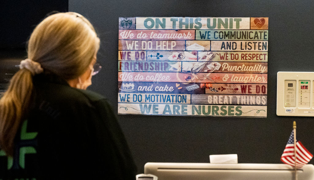 A sign on the wall gives encouragement to staff at Providence St. Joseph Hospital in Orange, California, as seen in April 2022. (Photo by Paul Bersebach—MediaNews Group/Orange County Register/Getty Images)