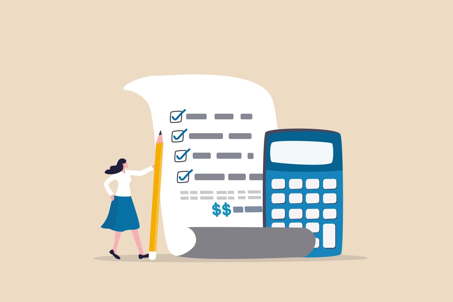 Illustration of a woman standing next to a calculator and a to-do list.