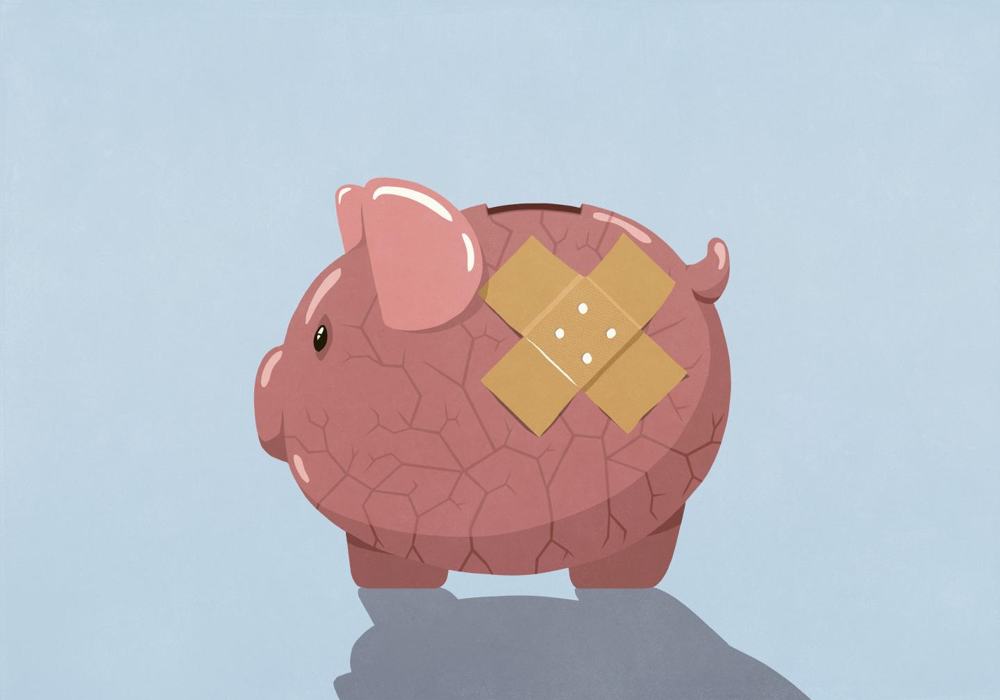 An illustration of a piggy bank with a bandage over the cracks