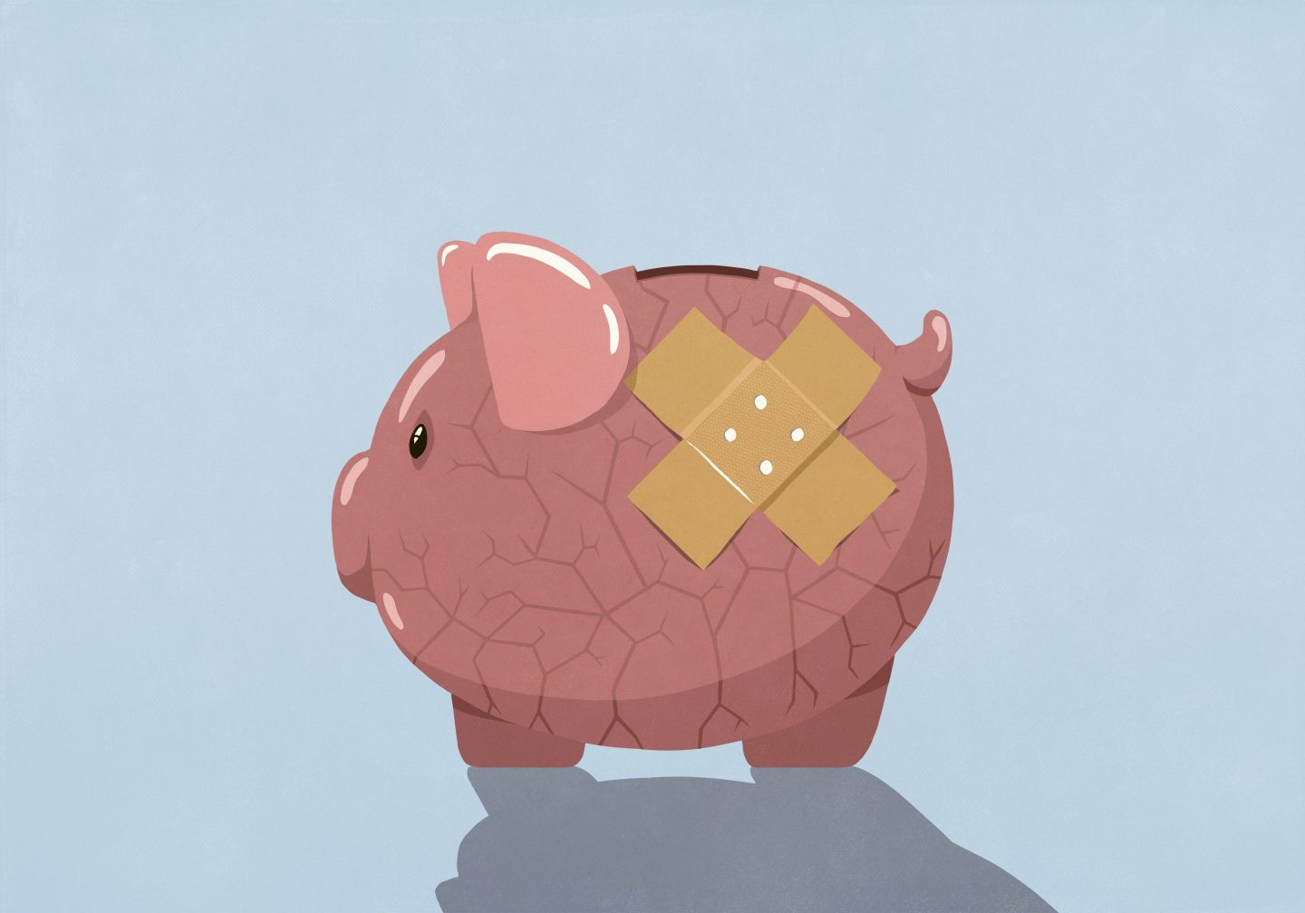 An illustration of a piggy bank with a bandage over the cracks