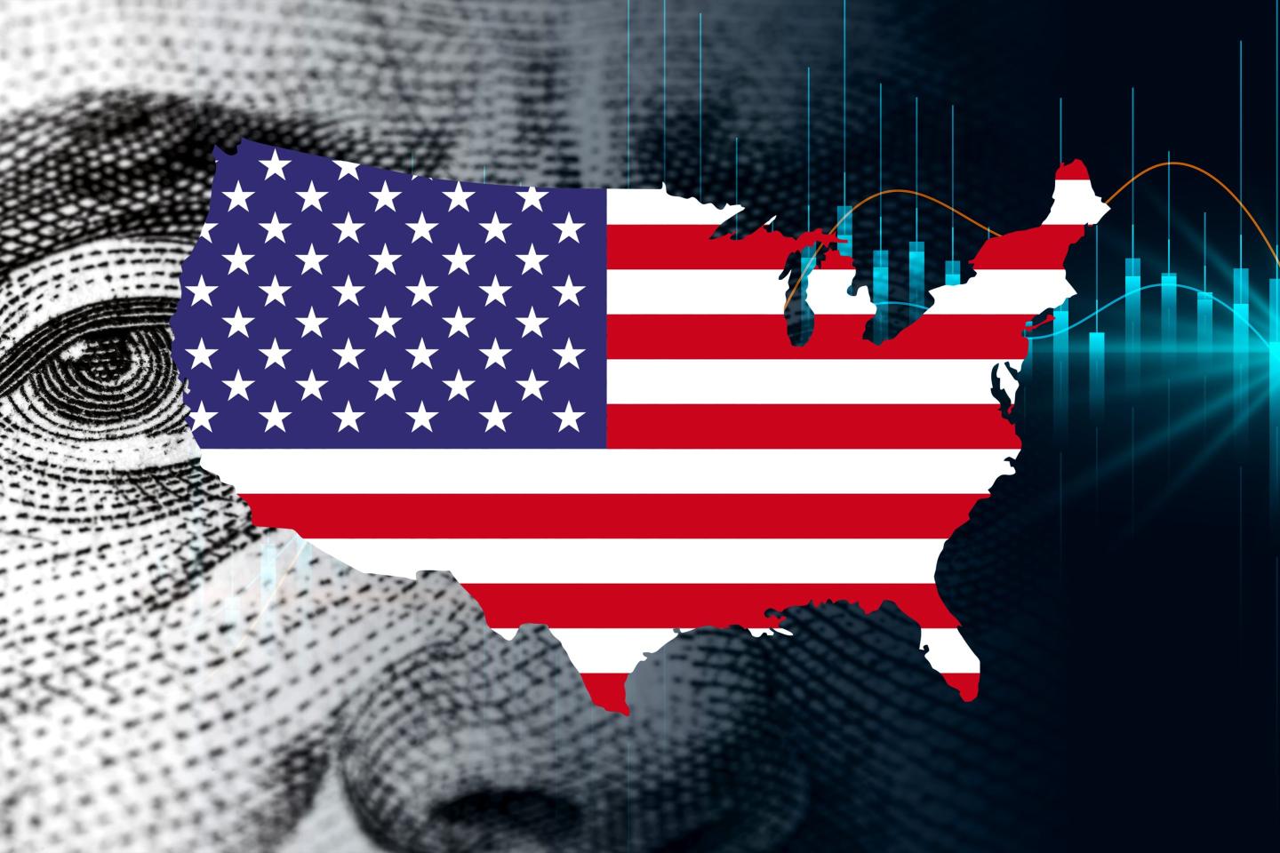 USA map and flag, cash dollar bill and design with waves and bars background
