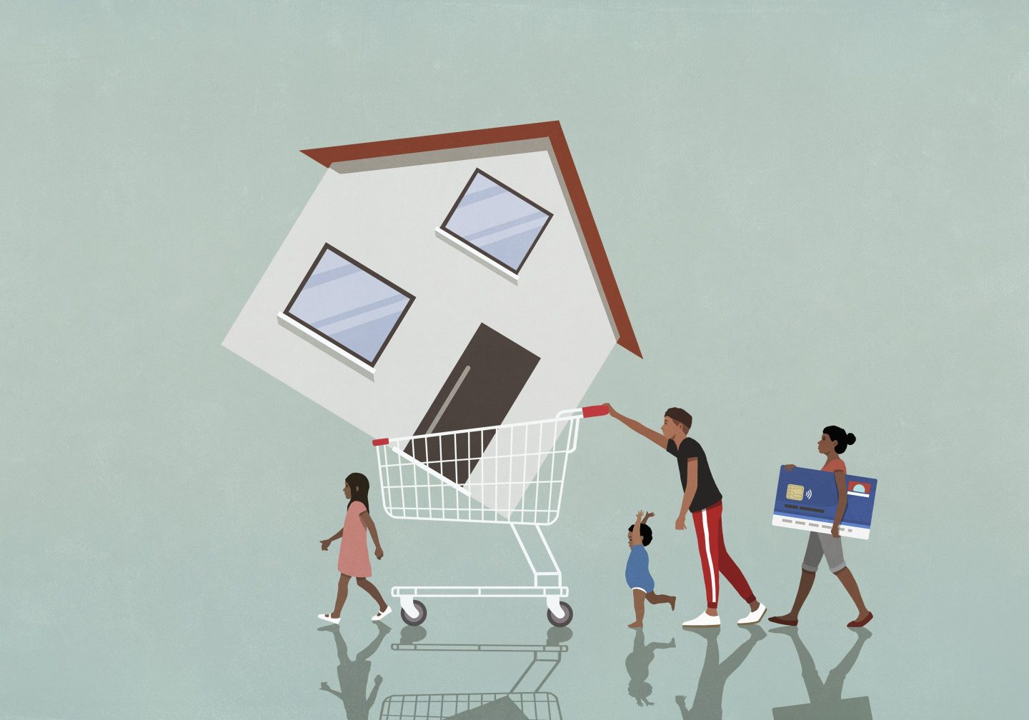 An illustration of a family with a house in the shopping cart.
