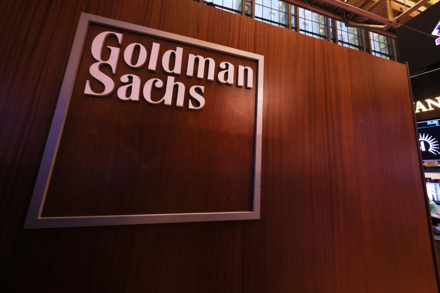 The Goldman Sachs logo is seen at the New York Stock Exchange