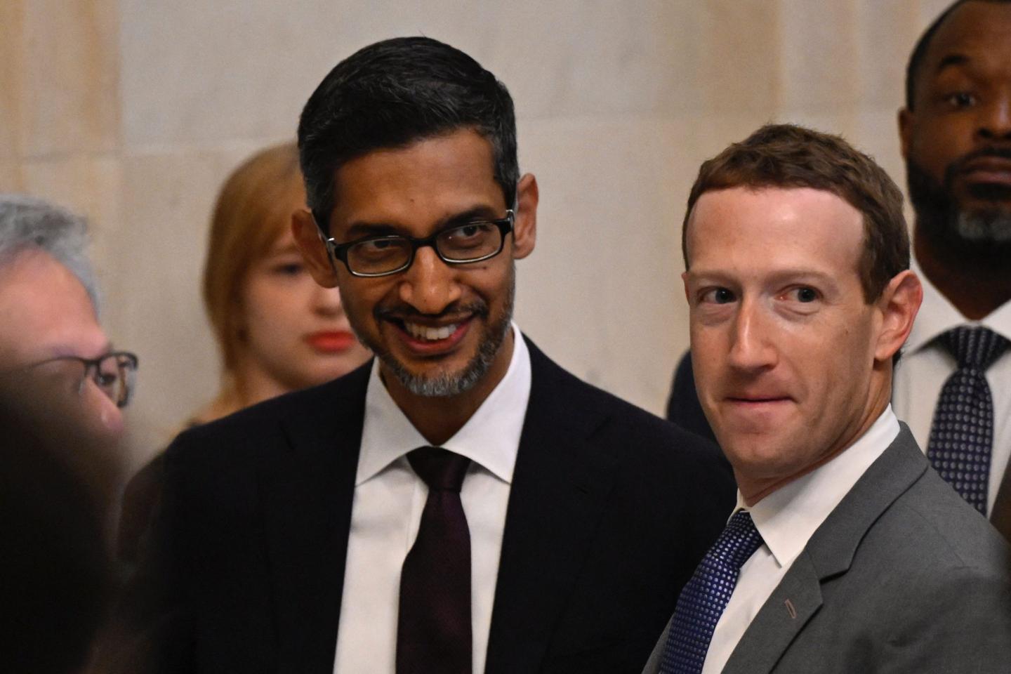 Mark Zuckerberg (R), CEO of Meta, and Google CEO Sundar Pichai, arrive for a US Senate bipartisan Artificial Intelligence (AI) Insight Forum at the US Capitol in Washington, DC, on September 13, 2023.