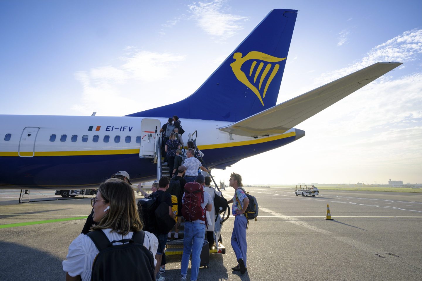 Passengers board from the rear door a Boeing 737 MAX (EI-IFV) from Ryanair on Oct. 2, 2023 in Brussels-National Airport, Belgium.