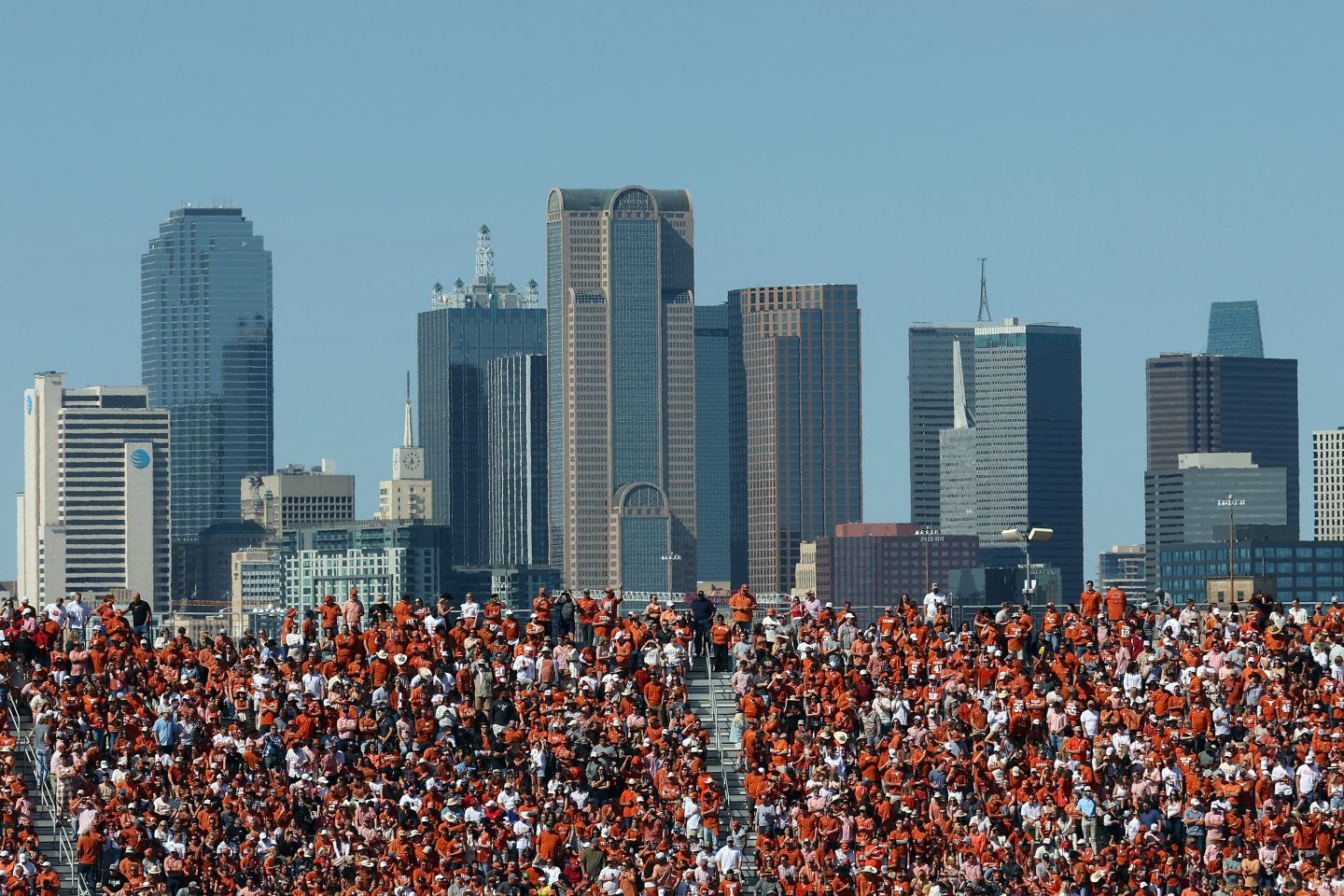Part of the Dallas skyline is seen from behind the stands during the game between the Texas Longhorns and the Oklahoma Sooners at the Cotton Bowl on October 07, 2023