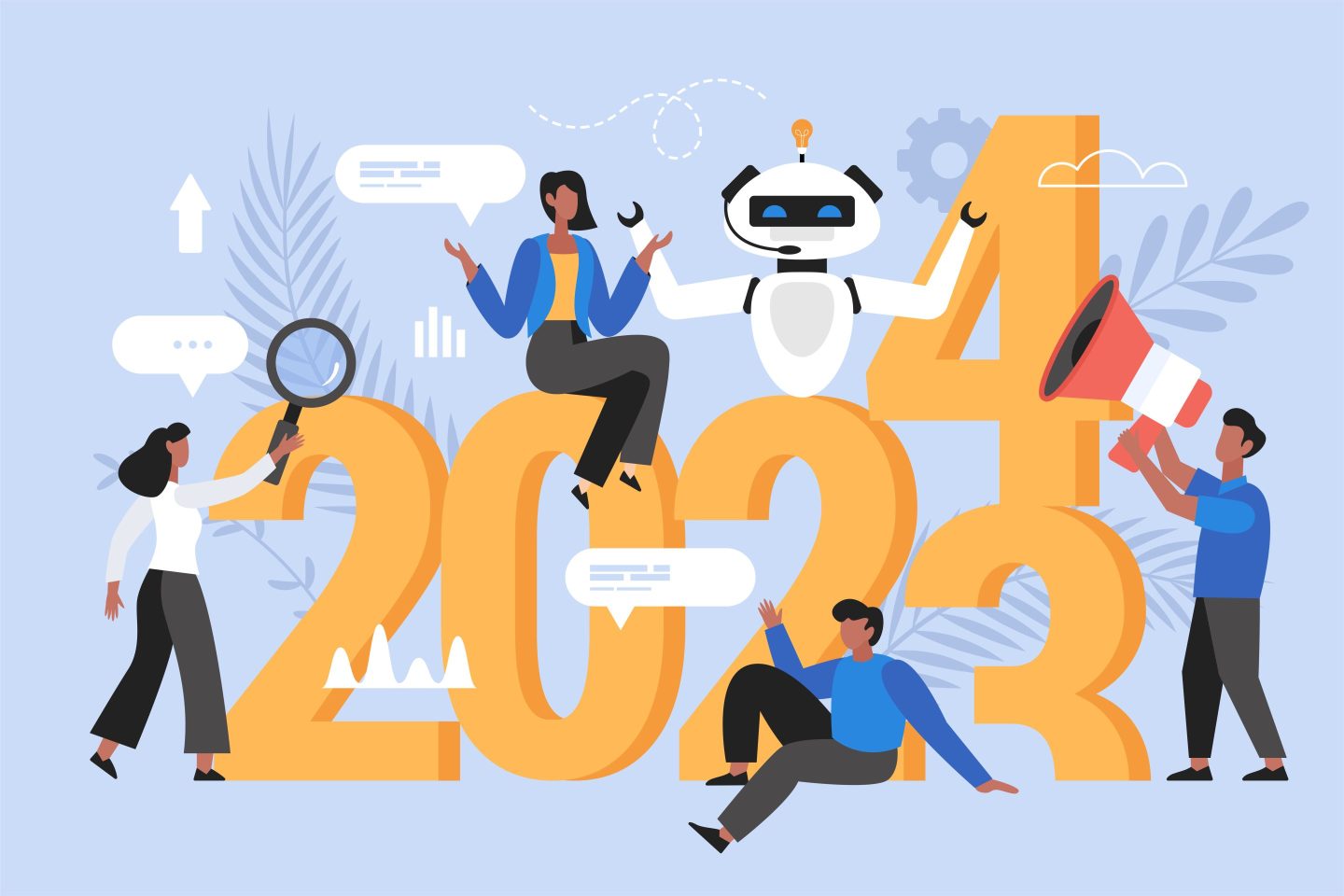 Modern vector illustration of people analyzing trends and using AI technology