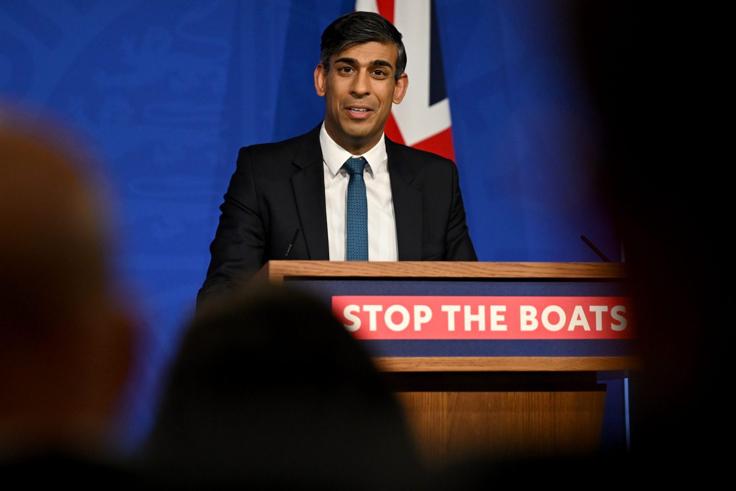 Britain's Prime Minister Rishi Sunak holds a press conference, following the Supreme Court’s Rwanda policy judgement, at Downing Street on November 15, 2023 in London, England.