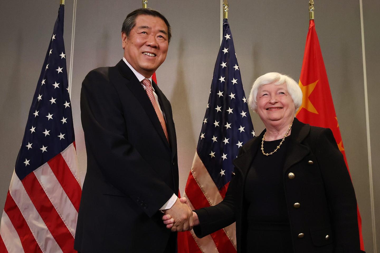 U.S. Treasury Secretary Janet Yellen greets Chinese Vice Premier He Lifeng at the start of a bilateral meeting on Nov. 9, 2023, in San Francisco.