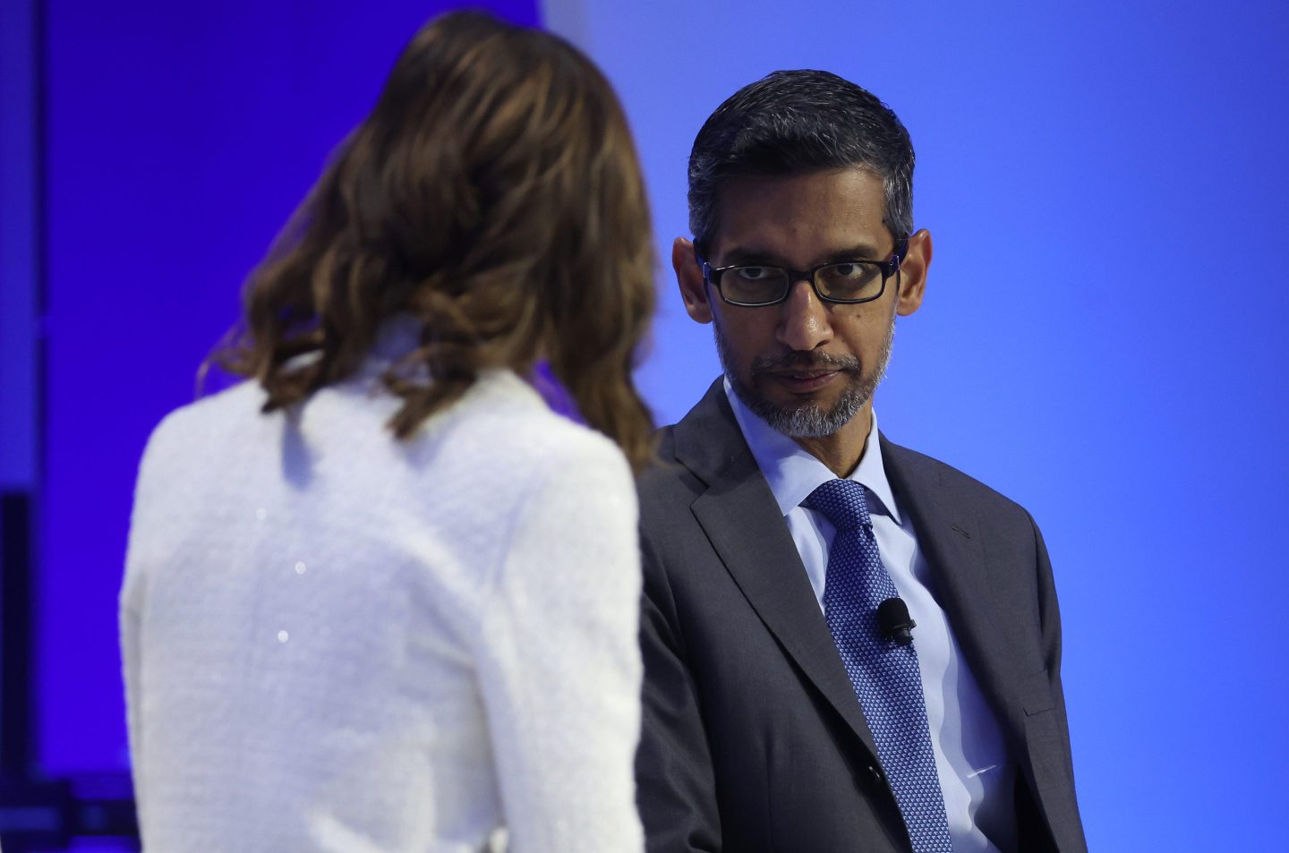 Google CEO Sundar Pichai speaks to Emily Chang during the APEC CEO Summit on Nov. 16, 2023 in San Francisco, Calif.