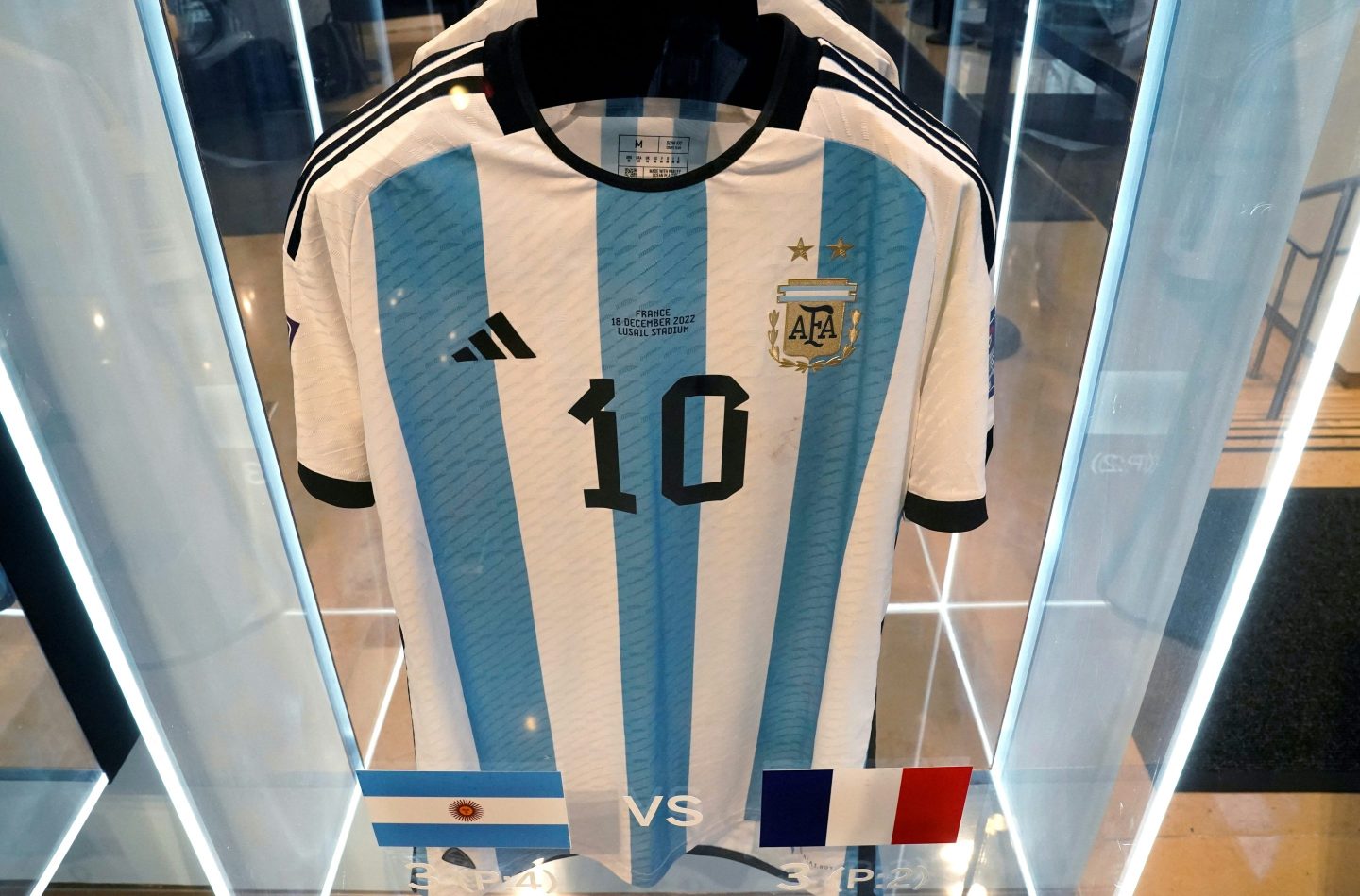 The shirt worn by Lionel Messi in the 2022 World Cup final match between Argentina and France.