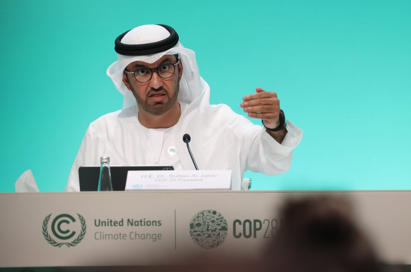 Sultan Ahmed Al Jaber, president of the UNFCCC COP28 Climate Conference, speaks following the opening session of the conference on Nov. 30, 2023 in Dubai.