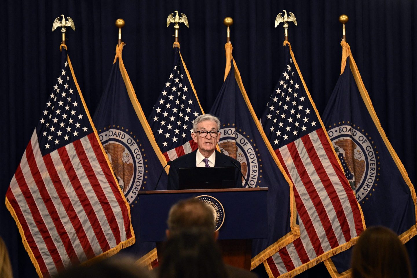 Federal Reserve Chairman Jerome Powell holds a press conference after a monetary policy committee meeting in Washington, D.C., on Dec. 13, 2023.