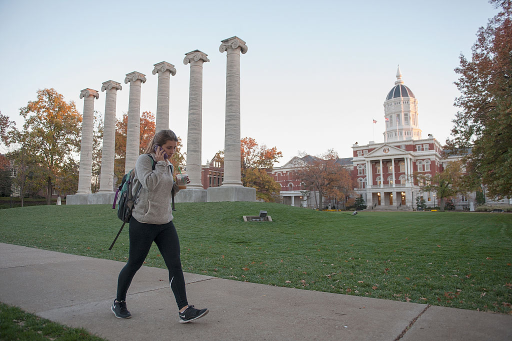 Students walk along on the campus of University of Missouri - Columbia, as seen in November 2015 in Columbia, Missouri. (Photo by Michael B. Thomas/Getty Images)
