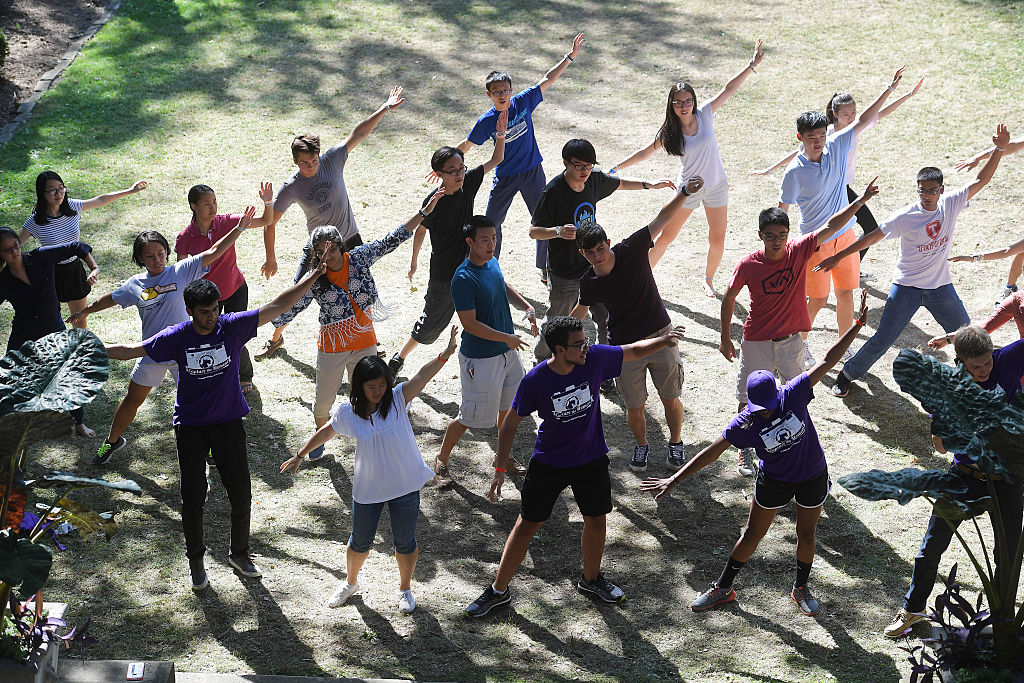 Incoming first-year students learn a dance as part of orientation at their co-ed dorm at Carnegie Mellon before the school year starts, as seen in August 2016 in Pittsburgh, PA. (Photo by Katherine Frey—The Washington Post/Getty Images)