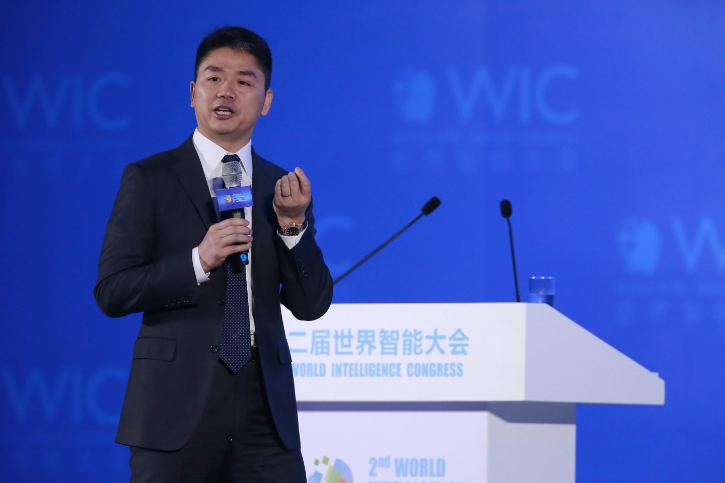 Richard Liu, chairman of JD.com, speaking at the Second World Intelligence Congress at Tianjin in 2018. Liu is the latest to acknowledge the threat posed by PDD Holdings to China's traditional e-commerce giants.