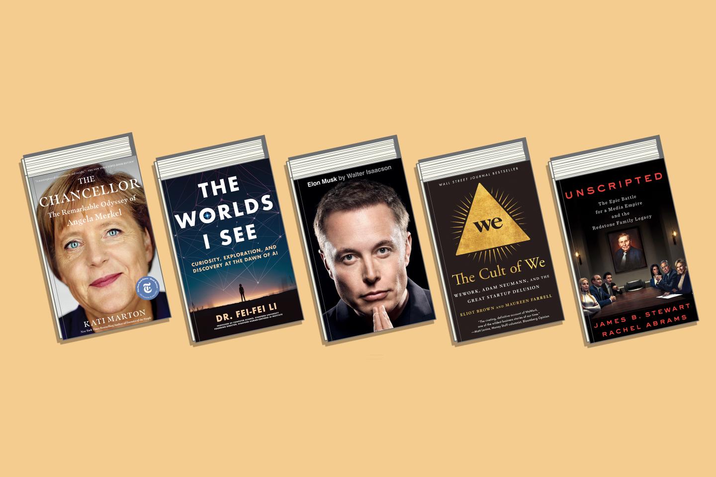 Five book covers, including Elon Musk and The Chancellor