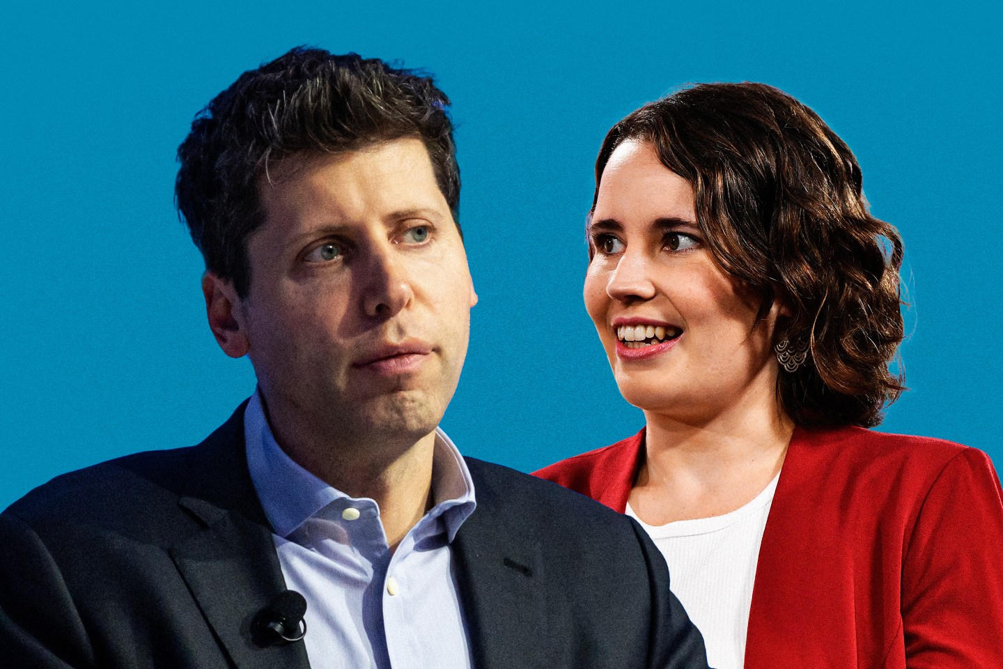 Helen Toner and Sam Altman side by side on a blue background