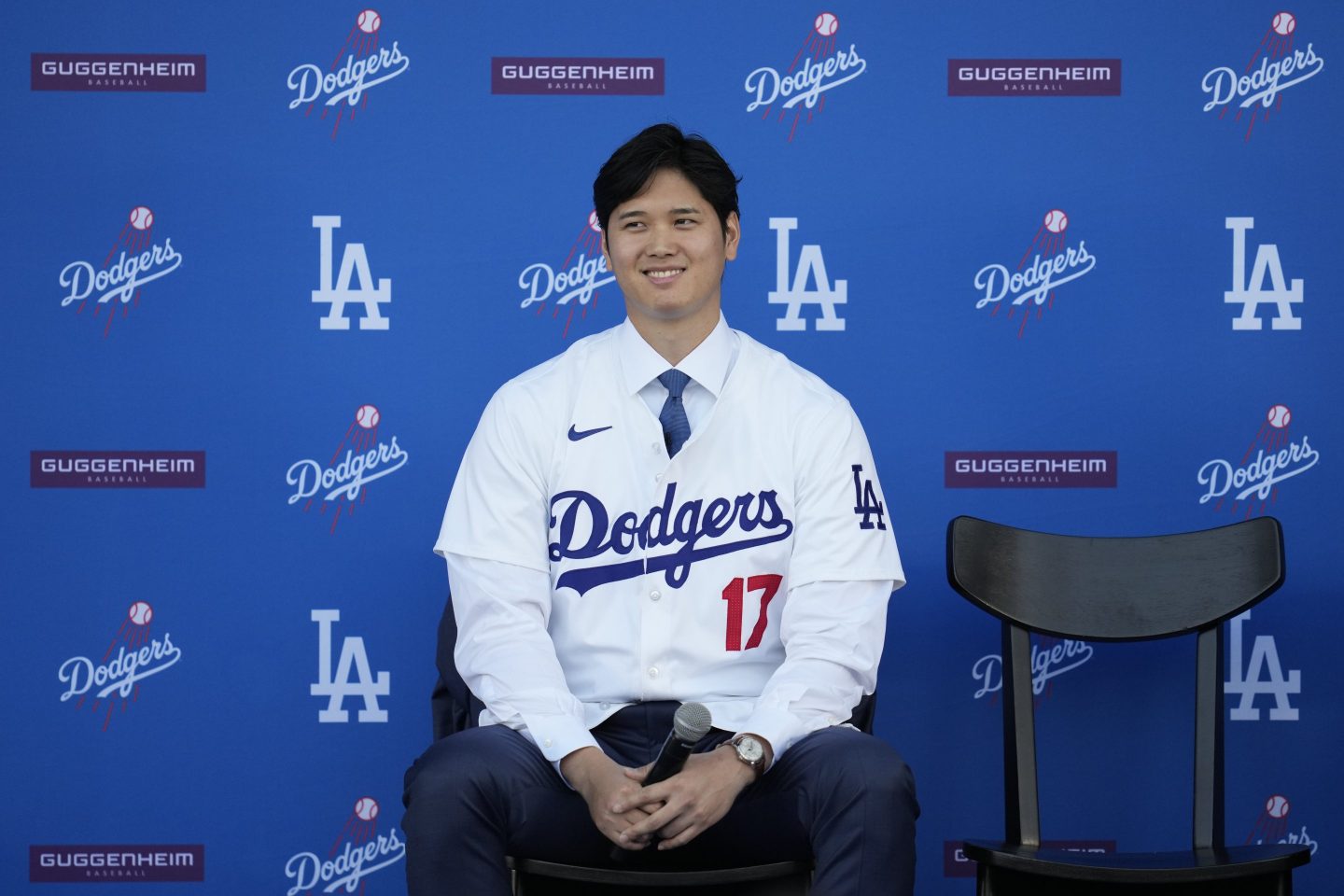 Los Angeles Dodgers' Shohei Ohtani answers questions during a baseball news conference at Dodger Stadium on Dec. 14, 2023, in Los Angeles.