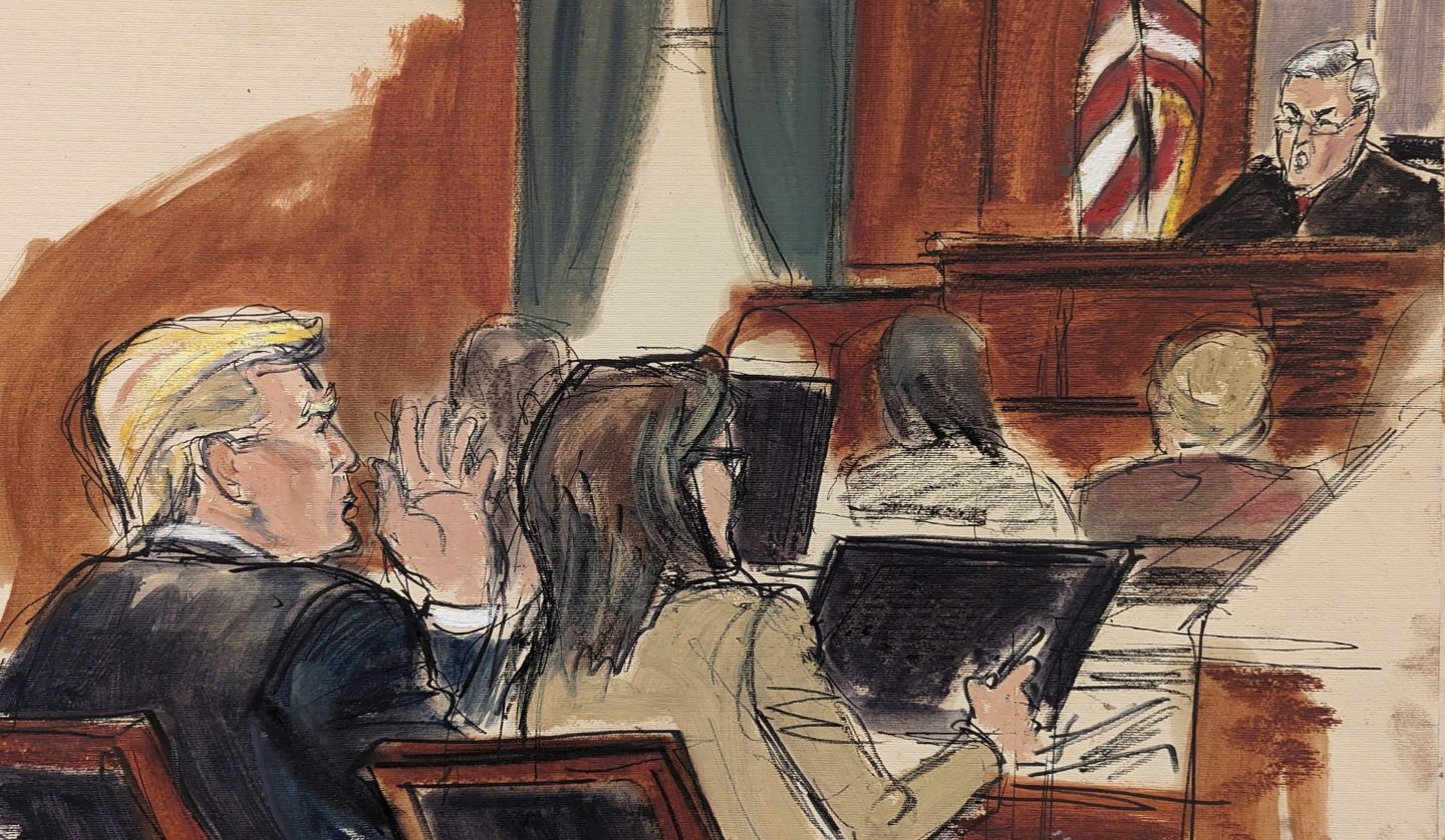In this courtroom sketch, former Donald Trump, seated left, with his defense attorney Alina Habba, is admonished by Judge Lewis Kaplan, in Federal Court, on Jan. 17, 2024. in New York.