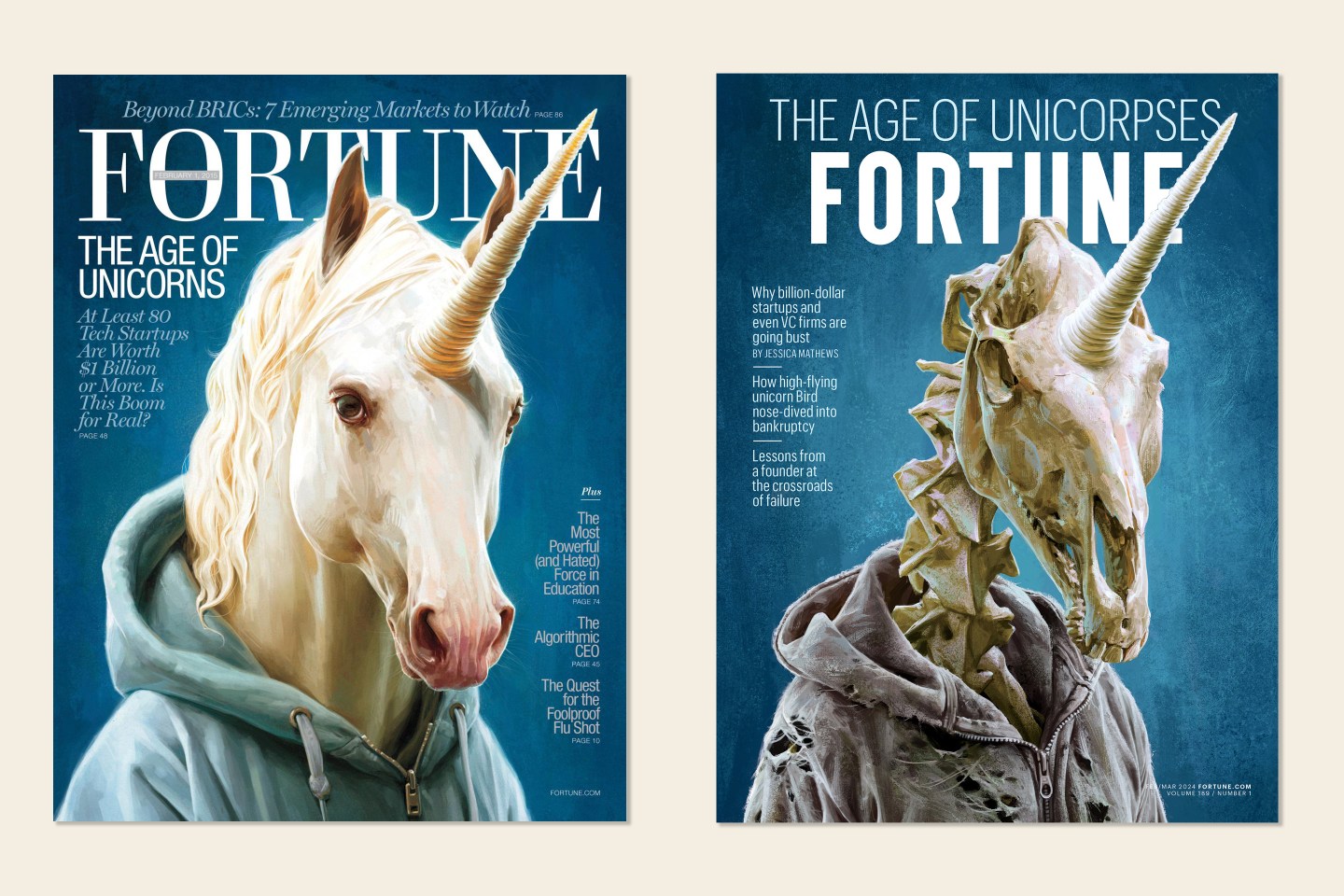 Coins2Day’s cover from February 2015, when running a startup was a lot less stressful, next to our February/March 2024 cover.