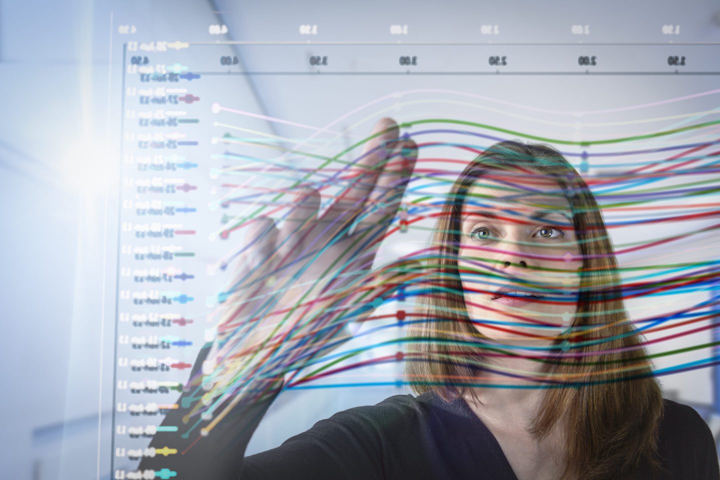 Woman inspects a data graph on an interactive display.