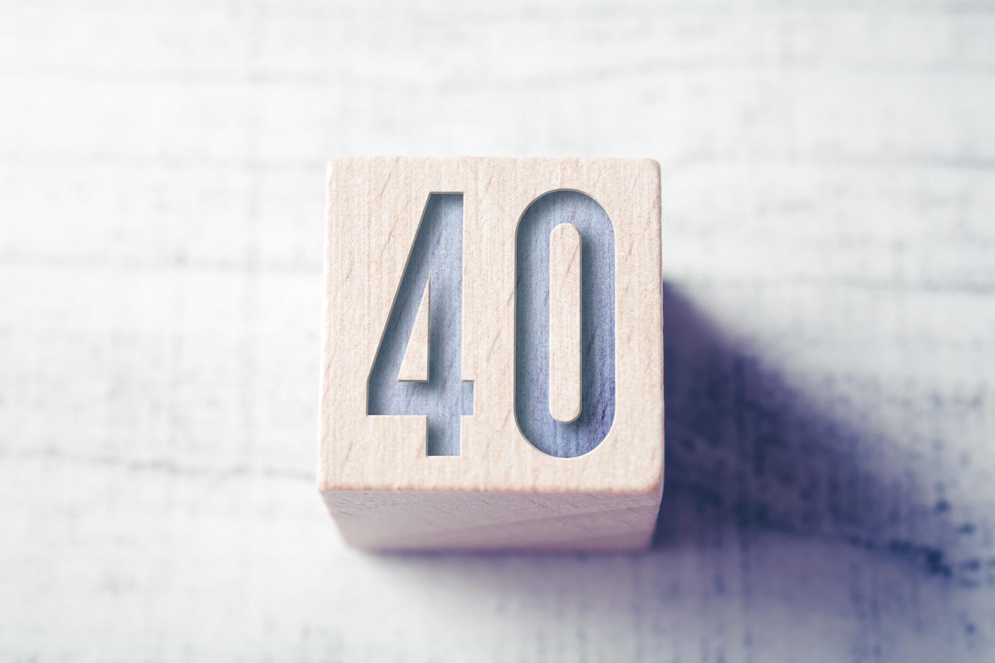 The number 40 on a wooden block.