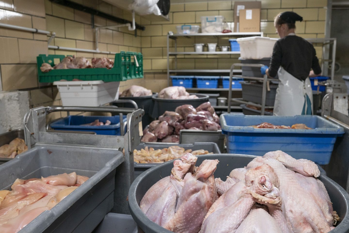 Poultry sits in bins at the Pleasant Valley Poultry processing facility in Baltic, Ohio.