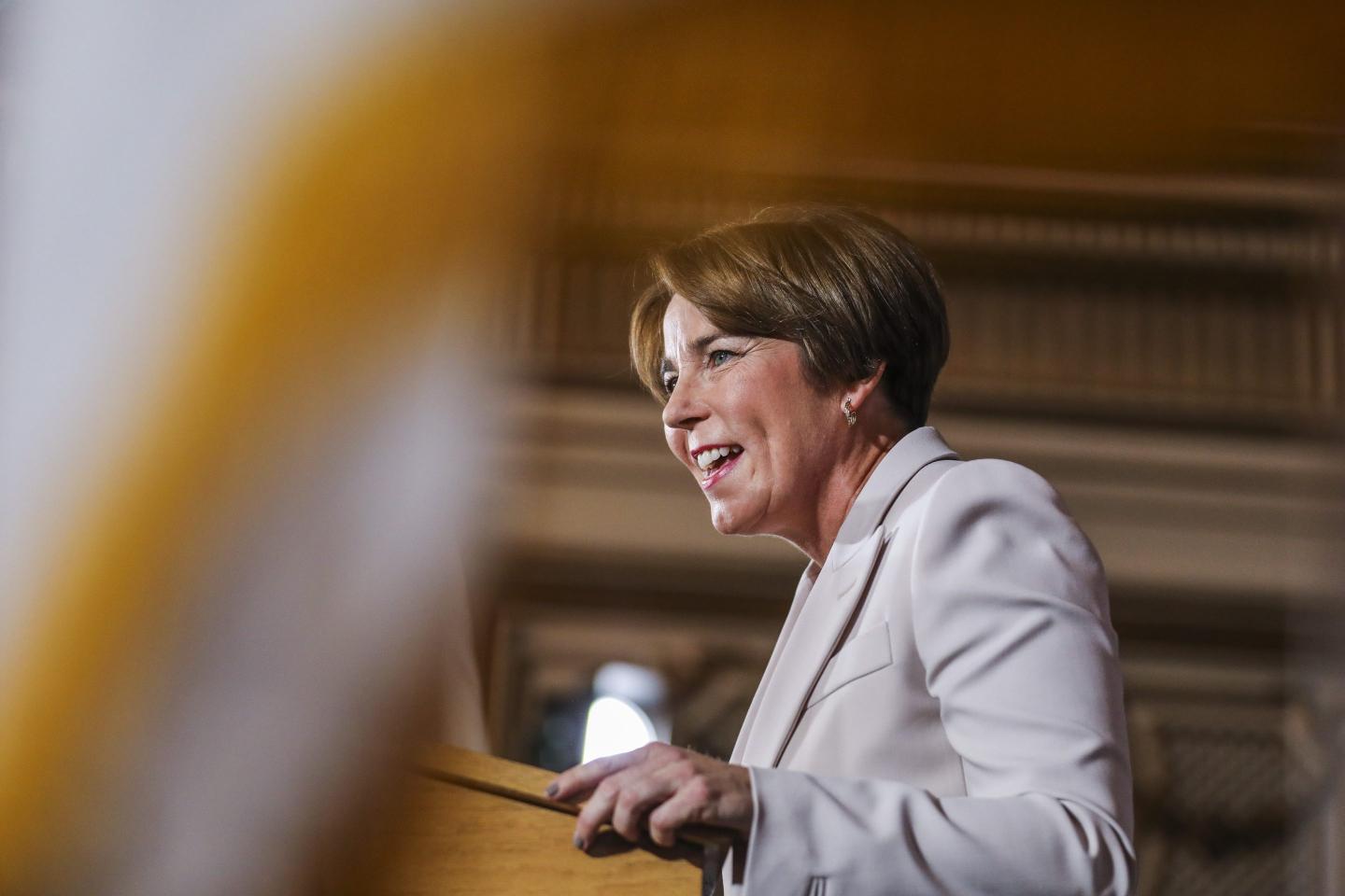 Boston, MA - November 8: Maura Healey speaks to attendees of the Massachusetts Democratic Partys Election Night while celebrating her historic win as Massachusettss first female Governor in the Grand Ballroom at Copley Hotel. (Photo by Erin Clark/The Boston Globe via Getty Images)