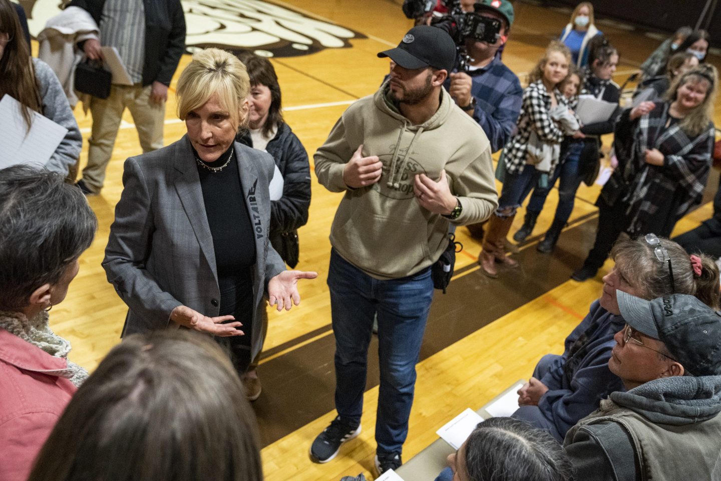 Environmental activist and whistleblower Erin Brockovich, who was played by Julia Roberts in the eponymous movie, speaks to concerned residents in East Palestine, Ohio on Feb. 24 after a train carrying toxic chemicals derailed causing an environmental disaster.