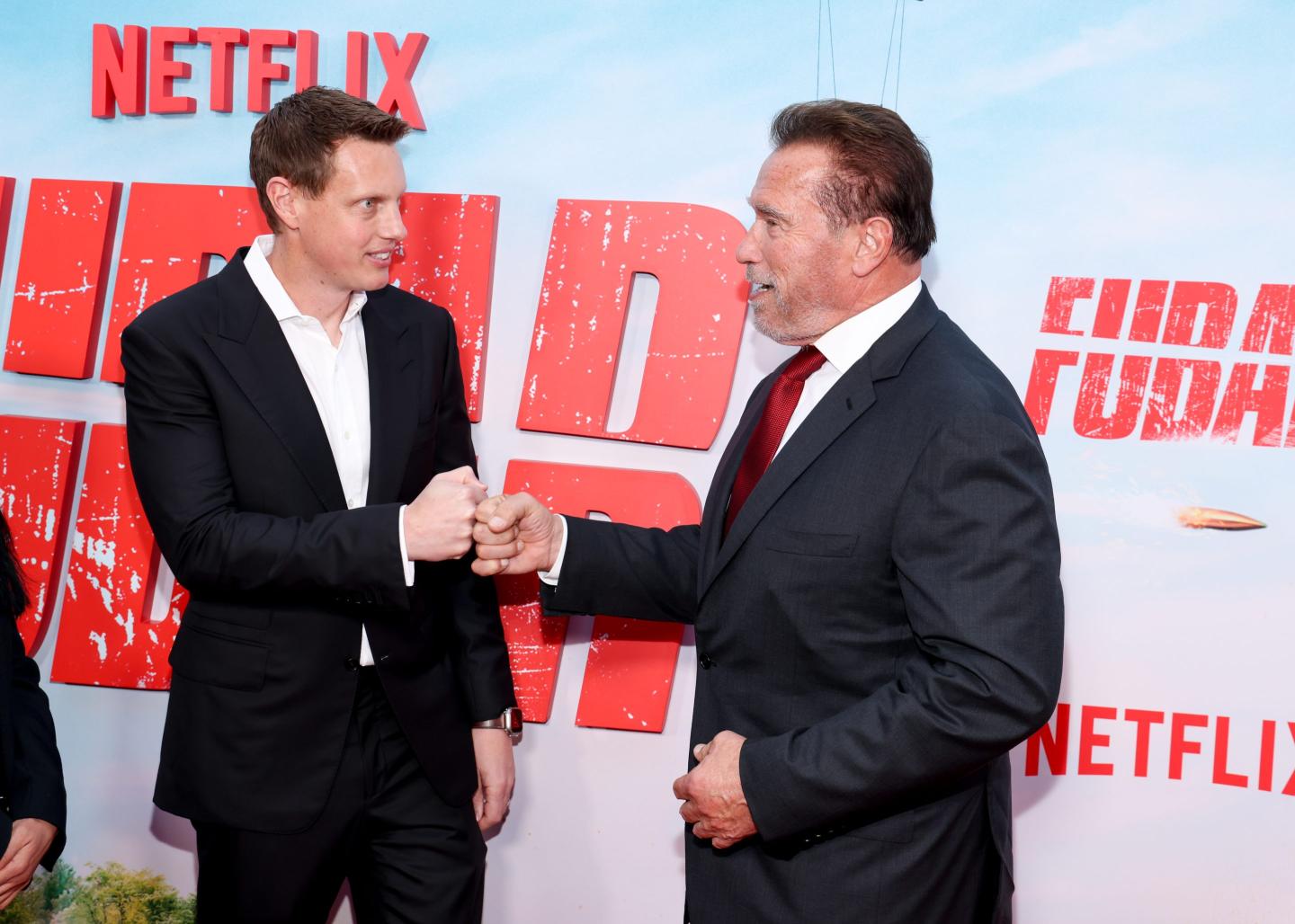 David Ellison and Arnold Schwarzenegger at the premiere of "Fubar" held at The Grove on May 22, 2023 in Los Angeles. 