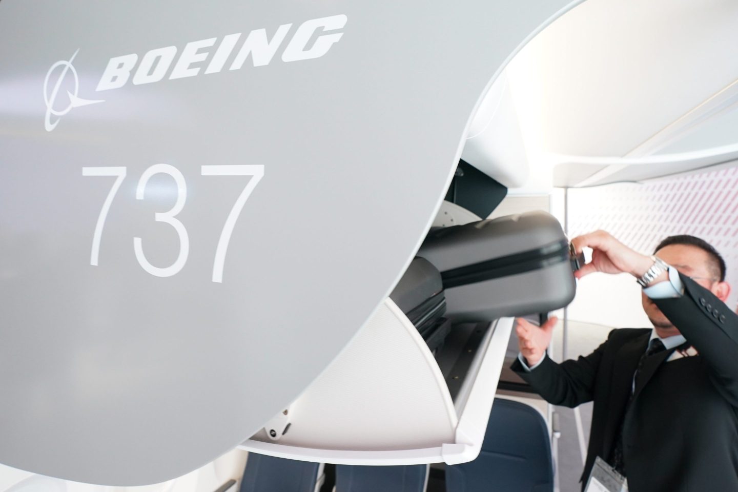 The new luggage rack of a Boeing 737 on display at the Aircraft Interiors Expo in June 2023.