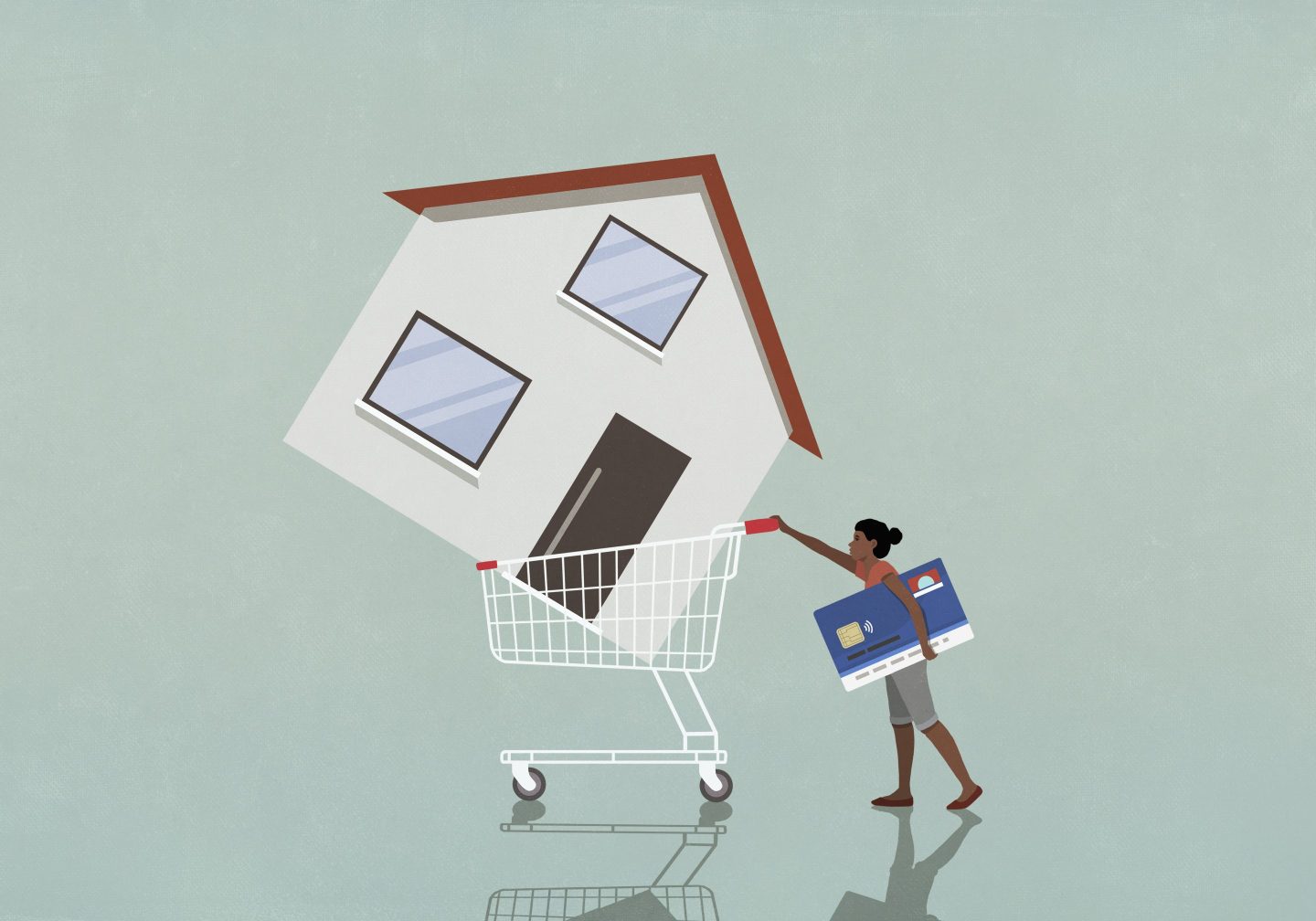 An illustration of a woman with a credit card pushing a cart with a house in it.