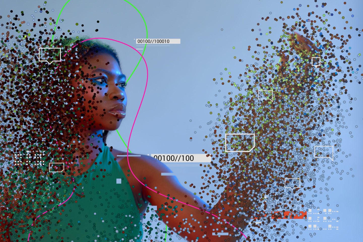 Digital generated image of young woman scattering into small spheres