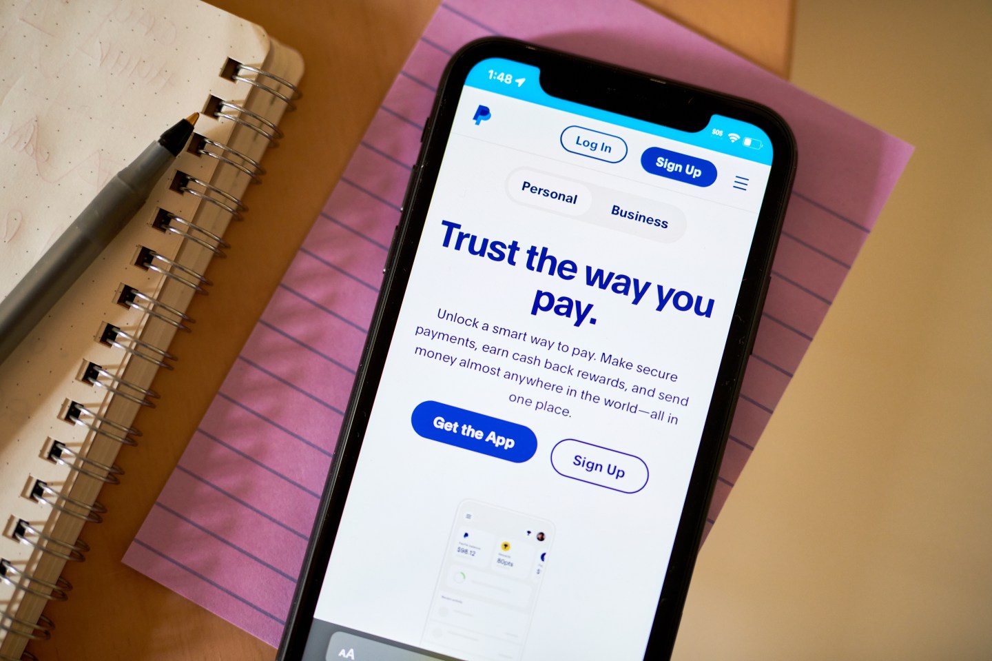 PayPal website on a smartphone