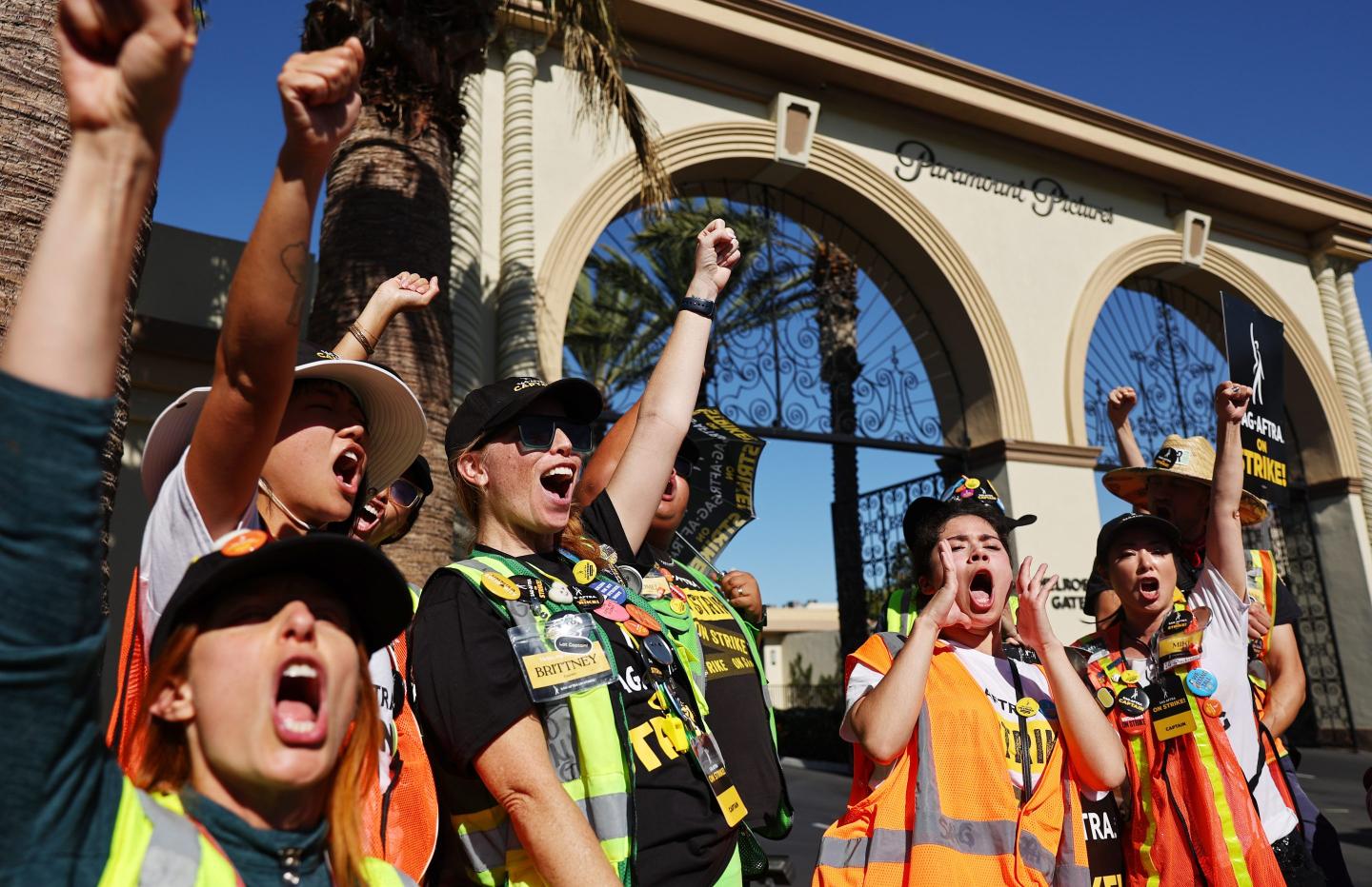 SAG-AFTRA members chant outside Paramount Studios on Nov. 8, 2023, amid the longest strike in Hollywood in decades.