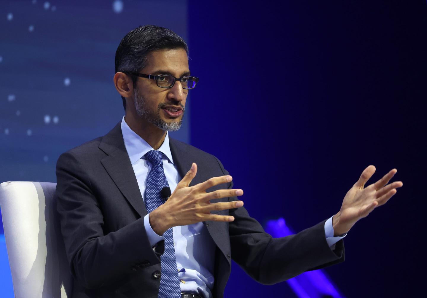 Sundar Pichai speaks in conversation with Emily Chang during the APEC CEO Summit at Moscone West on November 16, 2023 in San Francisco, California.